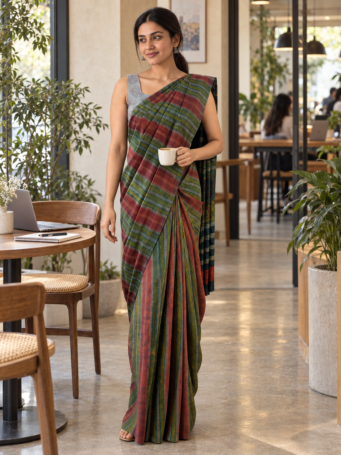 Striped Tussar–Silk Modal saree in a cafe workspace,