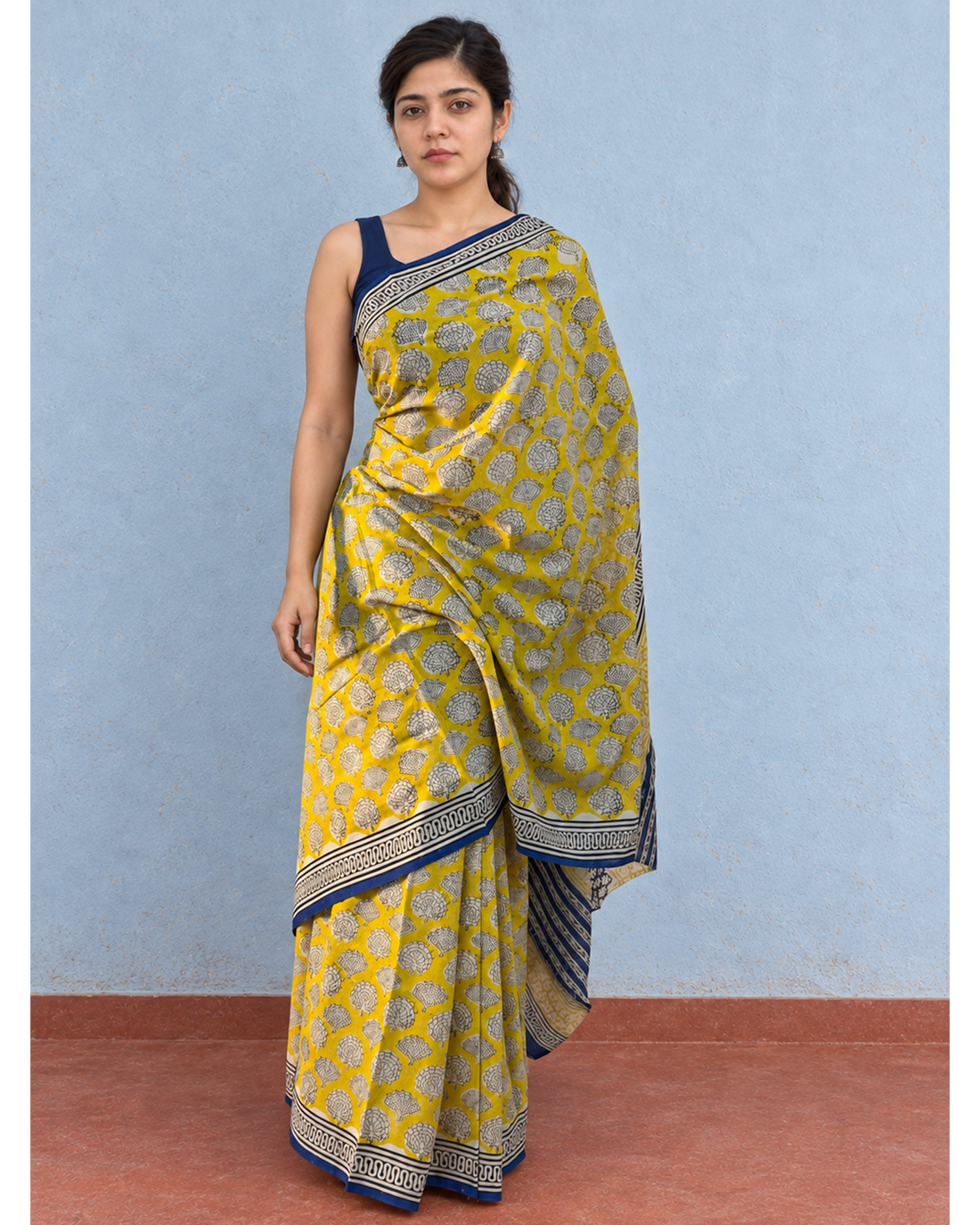 Amaltas mustard-yellow and navy mulmul saree, front