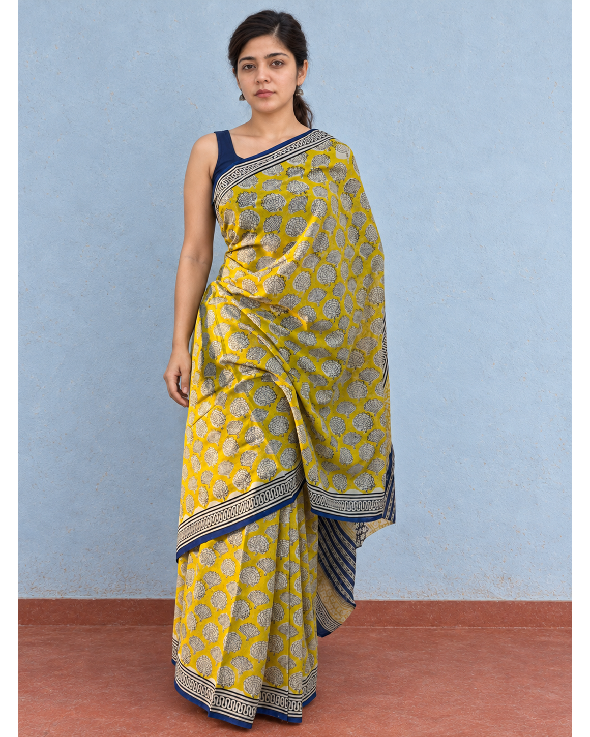 Amaltas mustard-yellow and navy mulmul saree, front