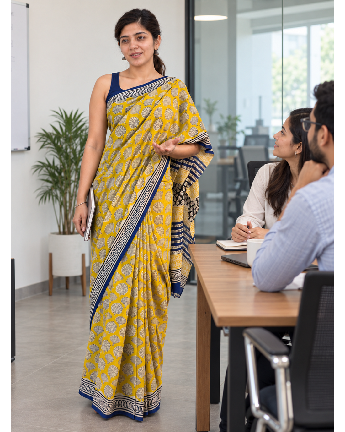 Amaltas yellow and navy motif mulmul saree worn in an office meeting