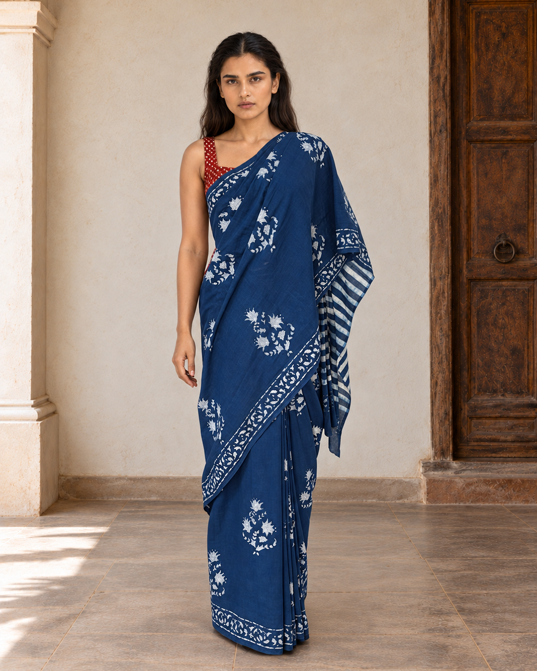 Neelrekha indigo and off-white mulmul saree, front
