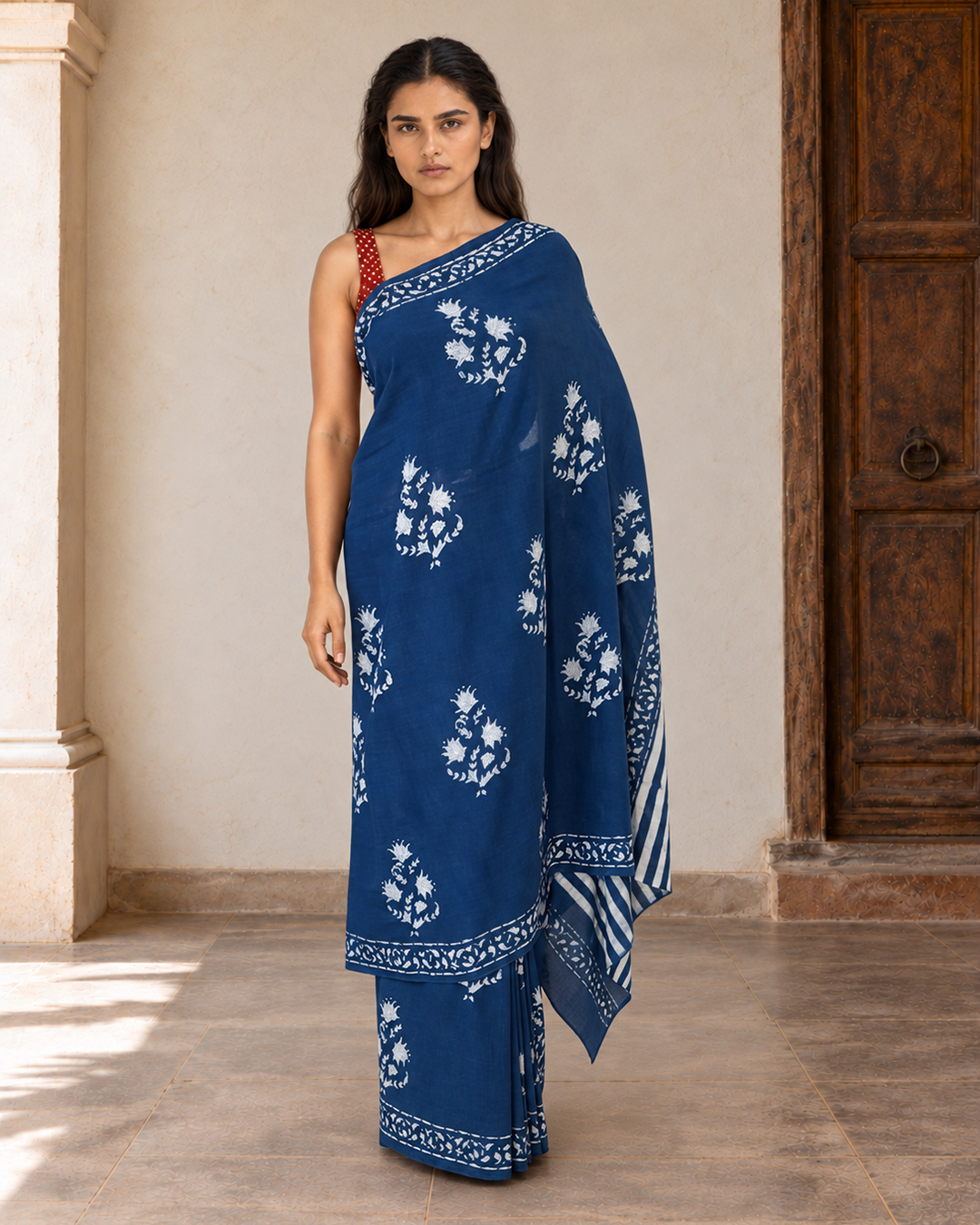 Neelrekha indigo and off-white mulmul saree, open drape
