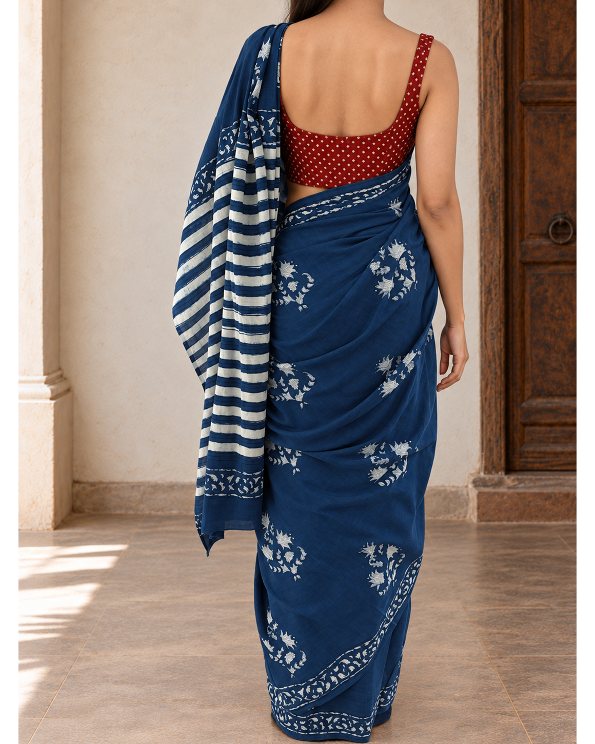 Neelrekha indigo and off-white mulmul saree, rear