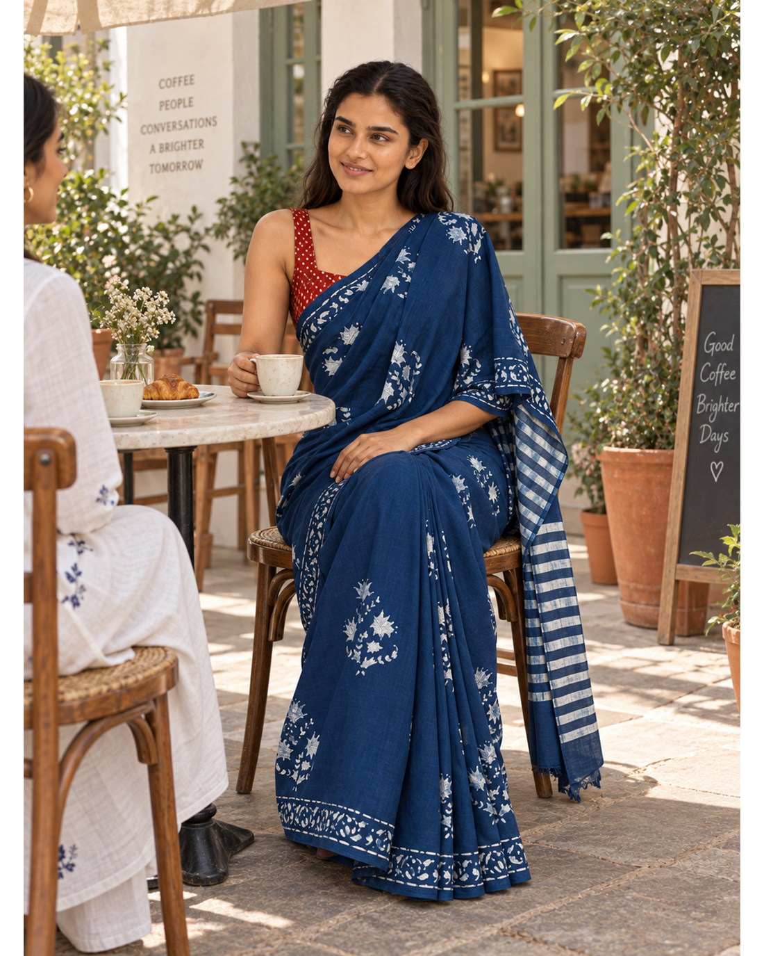 Neelrekha indigo and white floral mulmul saree worn seated at a cafe