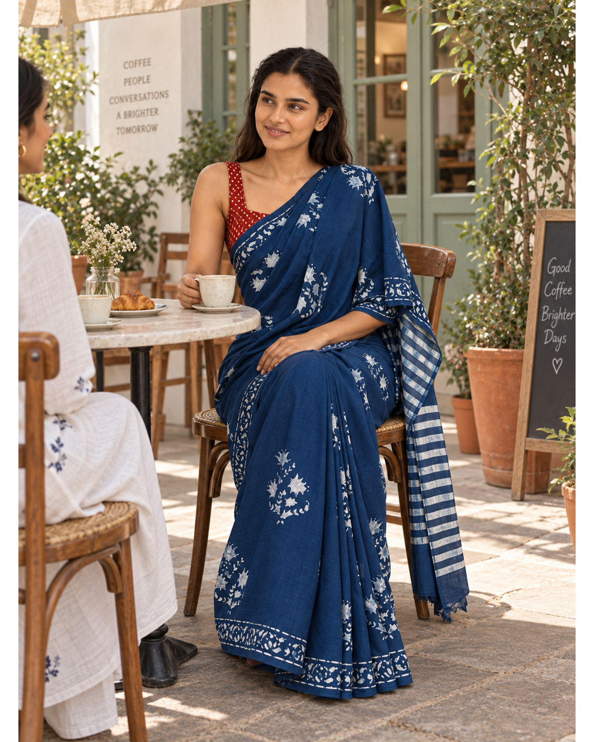 Neelrekha indigo and white floral mulmul saree worn seated at a cafe