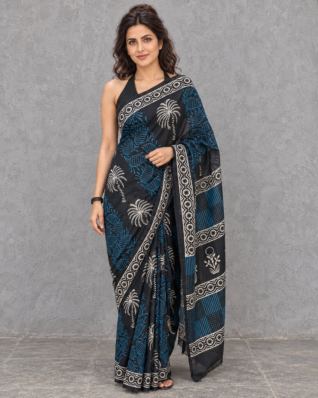 Neelvan black and blue mulmul saree, front