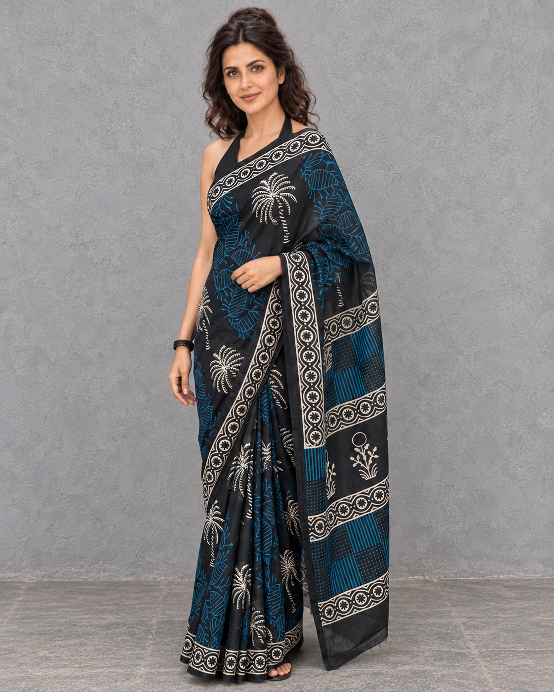 Neelvan black and blue mulmul saree, three-quarter