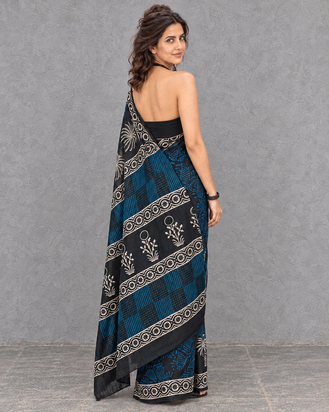 Neelvan black and blue mulmul saree, rear