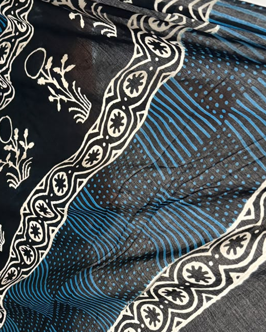 Neelvan black and blue mulmul saree detail