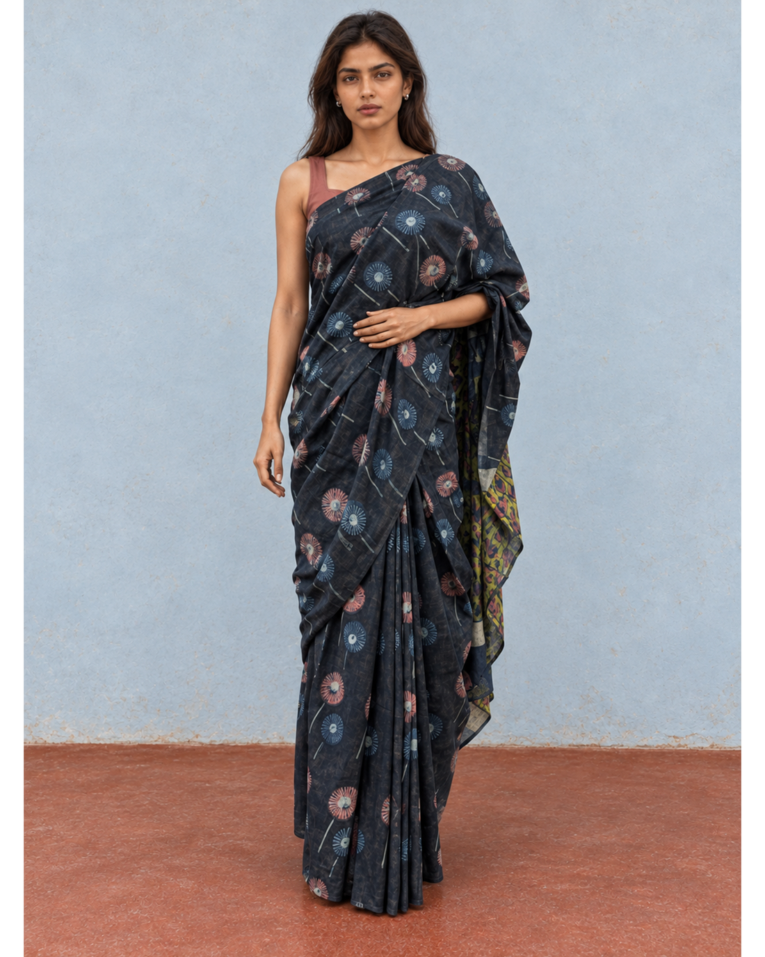 Saanjh charcoal floral Bagru cotton saree, front