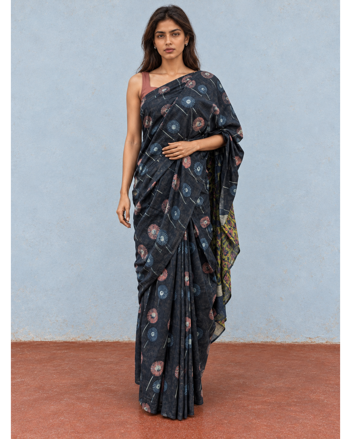Saanjh charcoal floral Bagru cotton saree, front