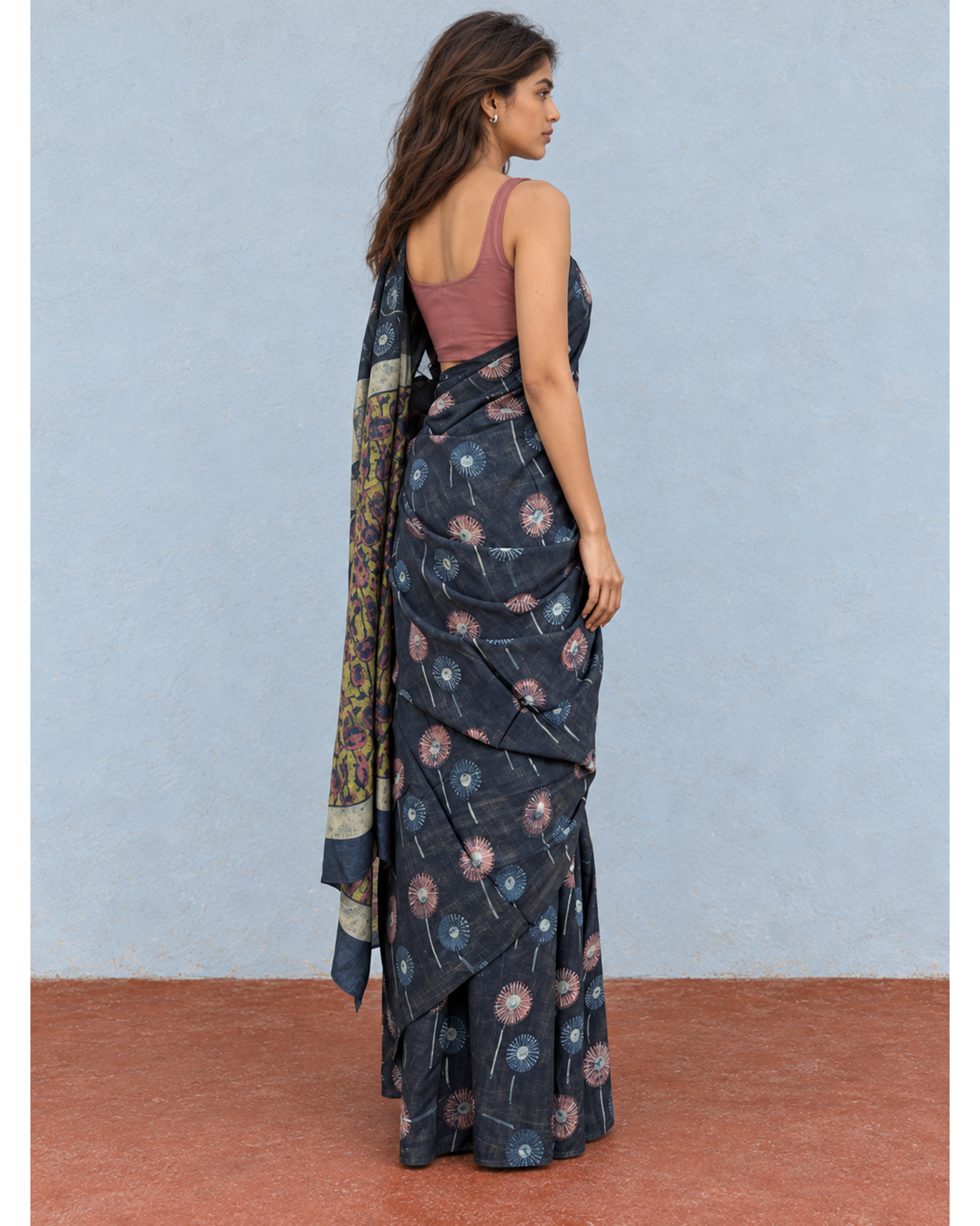 Saanjh charcoal floral Bagru cotton saree, rear