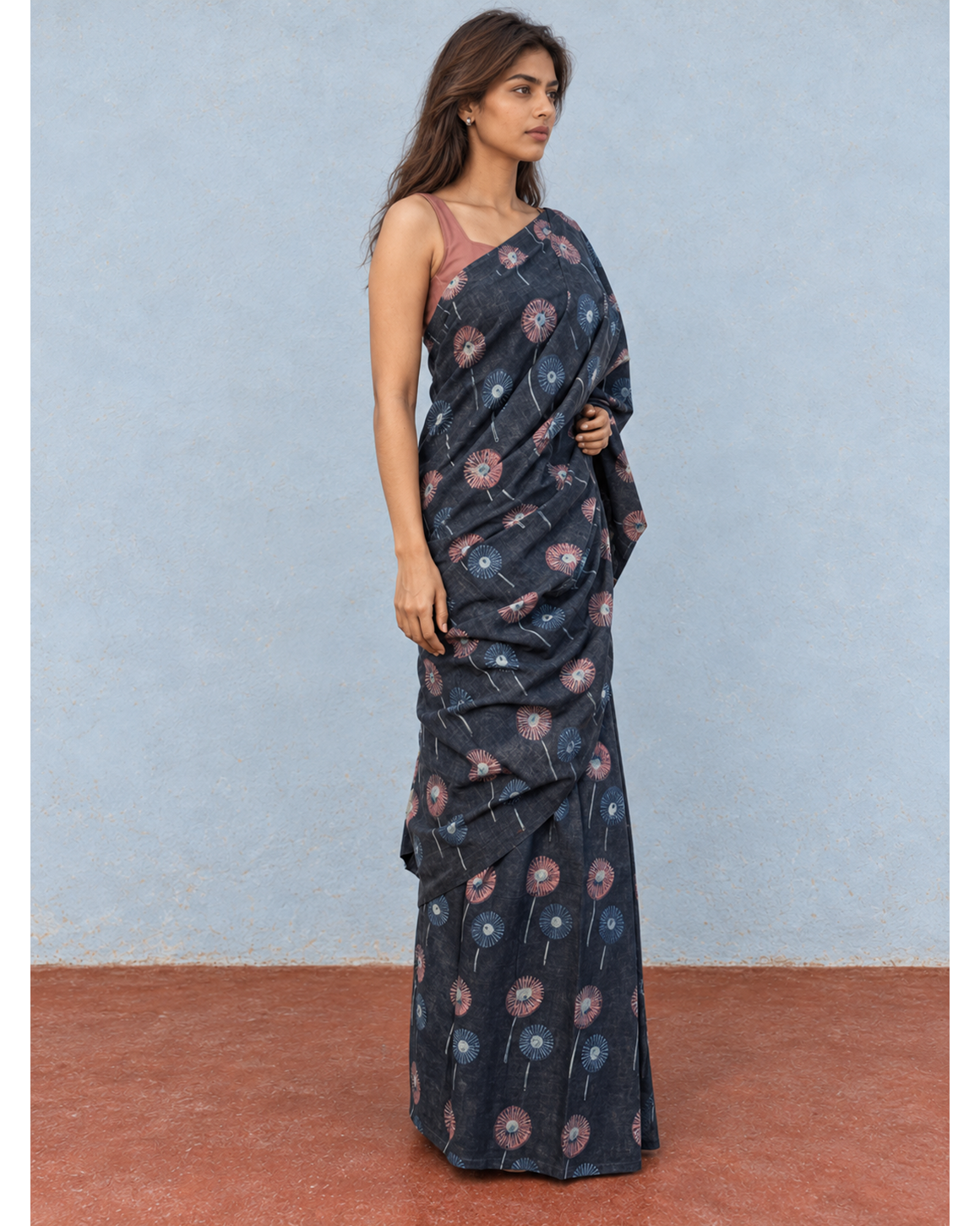 Saanjh charcoal floral Bagru cotton saree, side
