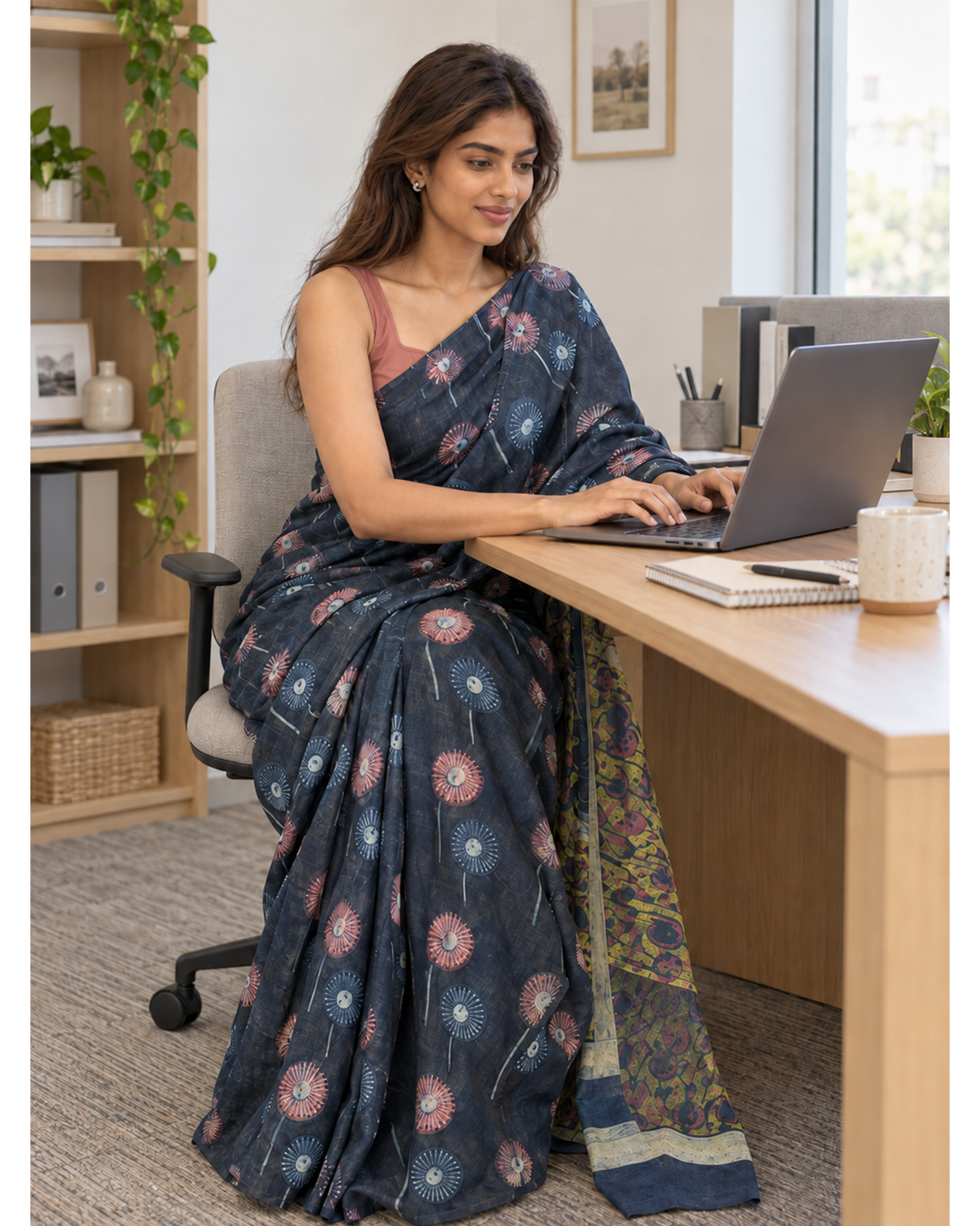 Saanjh charcoal floral Bagru cotton saree, seated laptop office