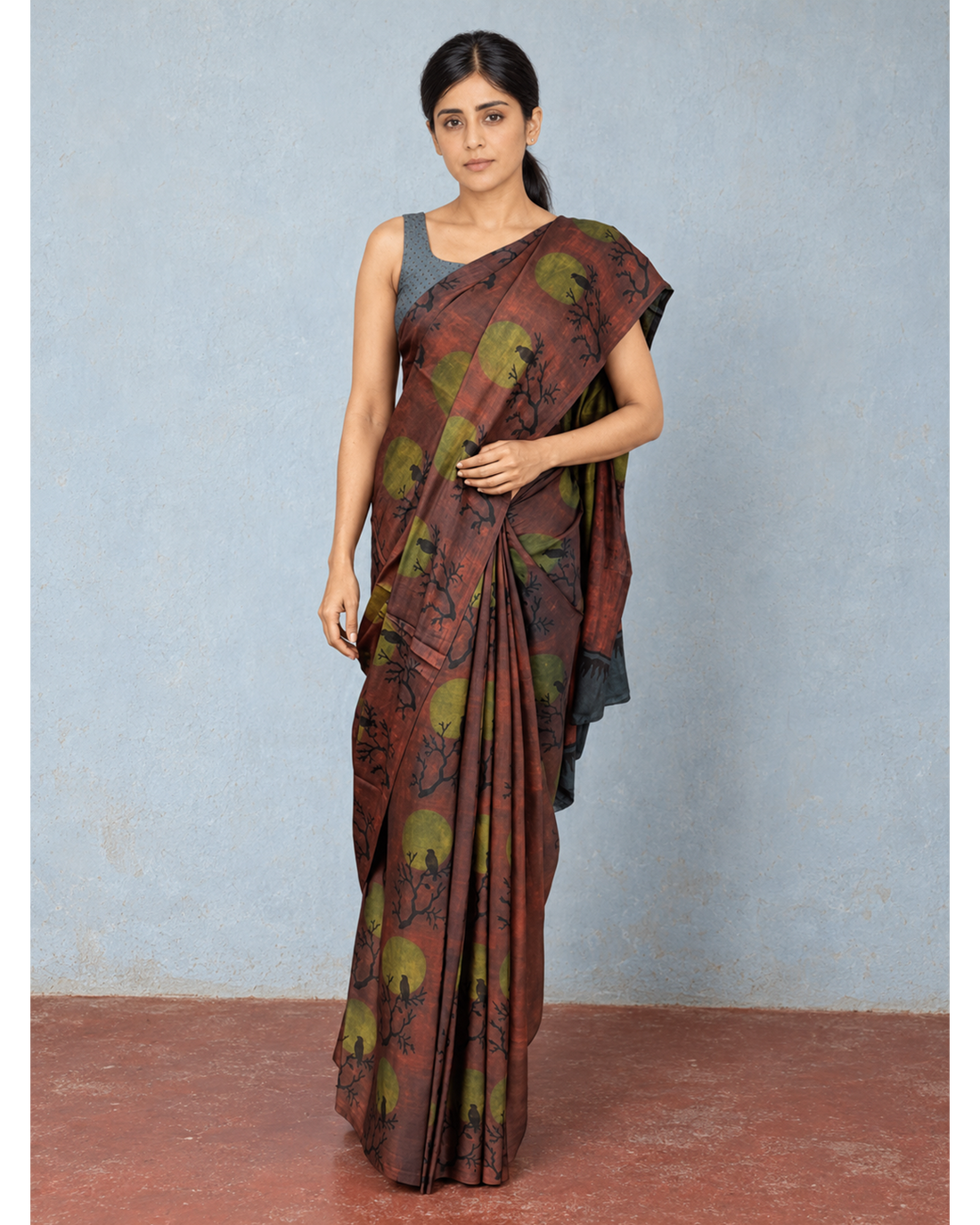 Vanraaga rust and olive Tussar–Modal silk saree, front