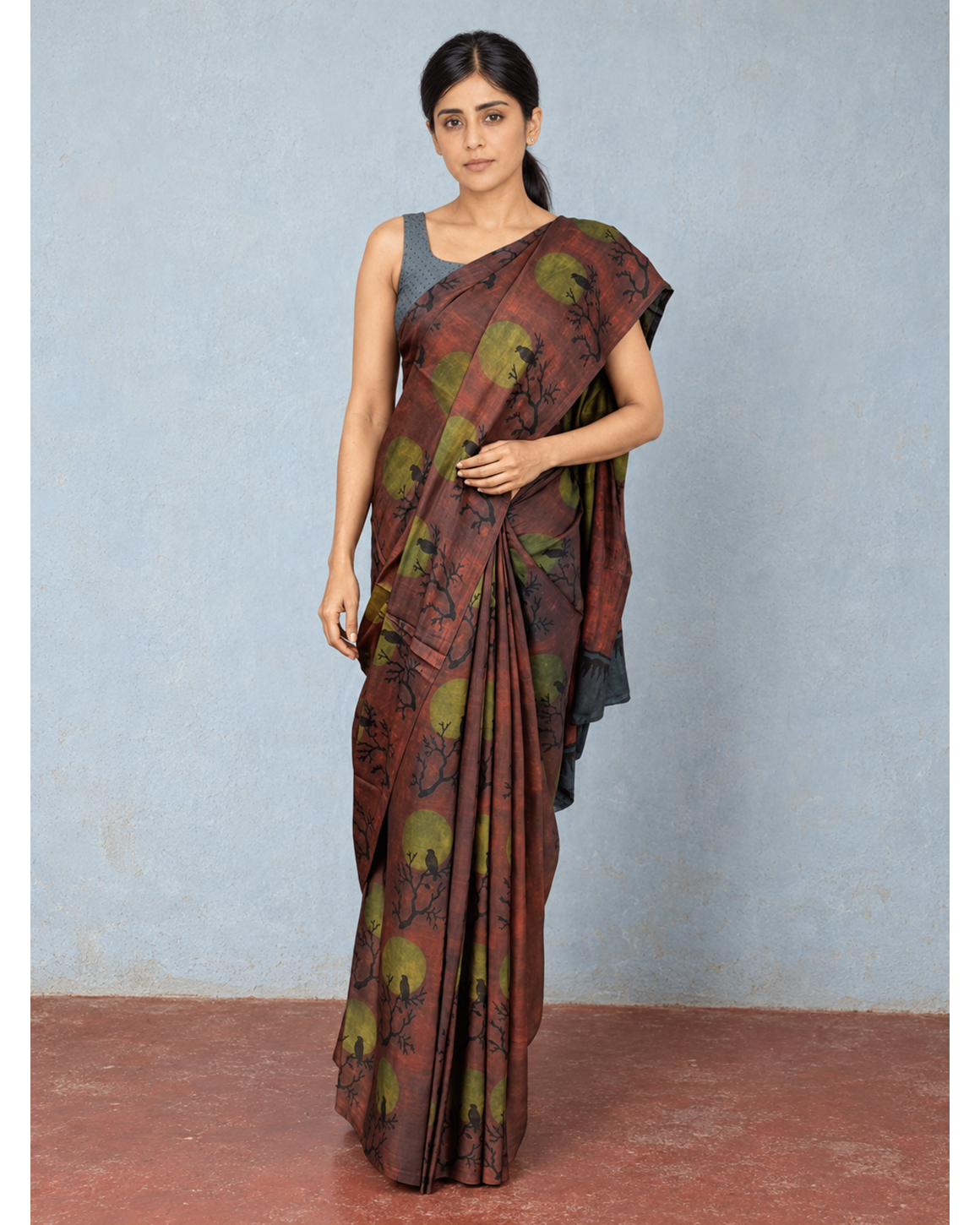 Vanraaga rust and olive Tussar–Modal silk saree, front