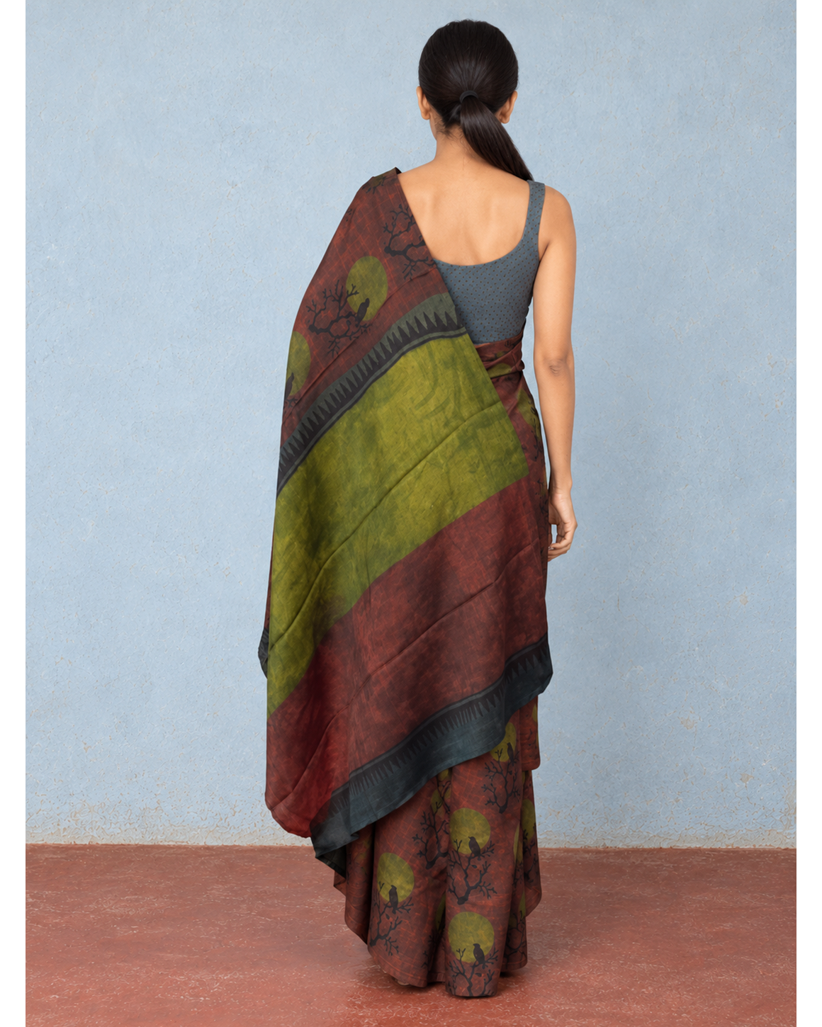 Vanraaga rust and olive Tussar–Modal silk saree, rear pallu