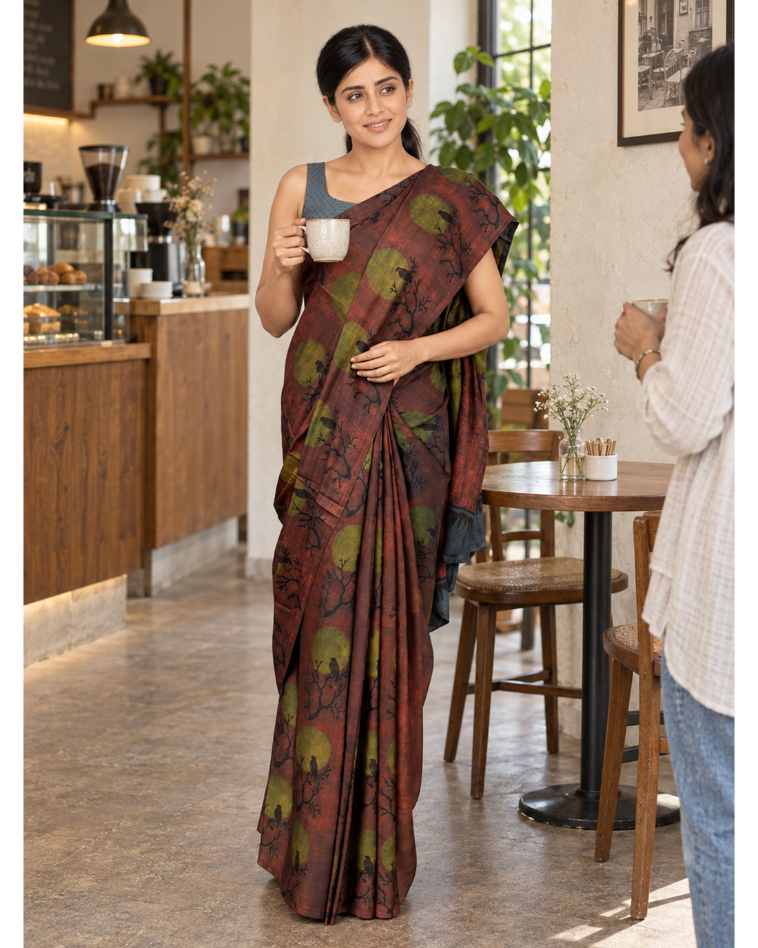 Vanraaga rust and olive bird-print saree worn at a cafe