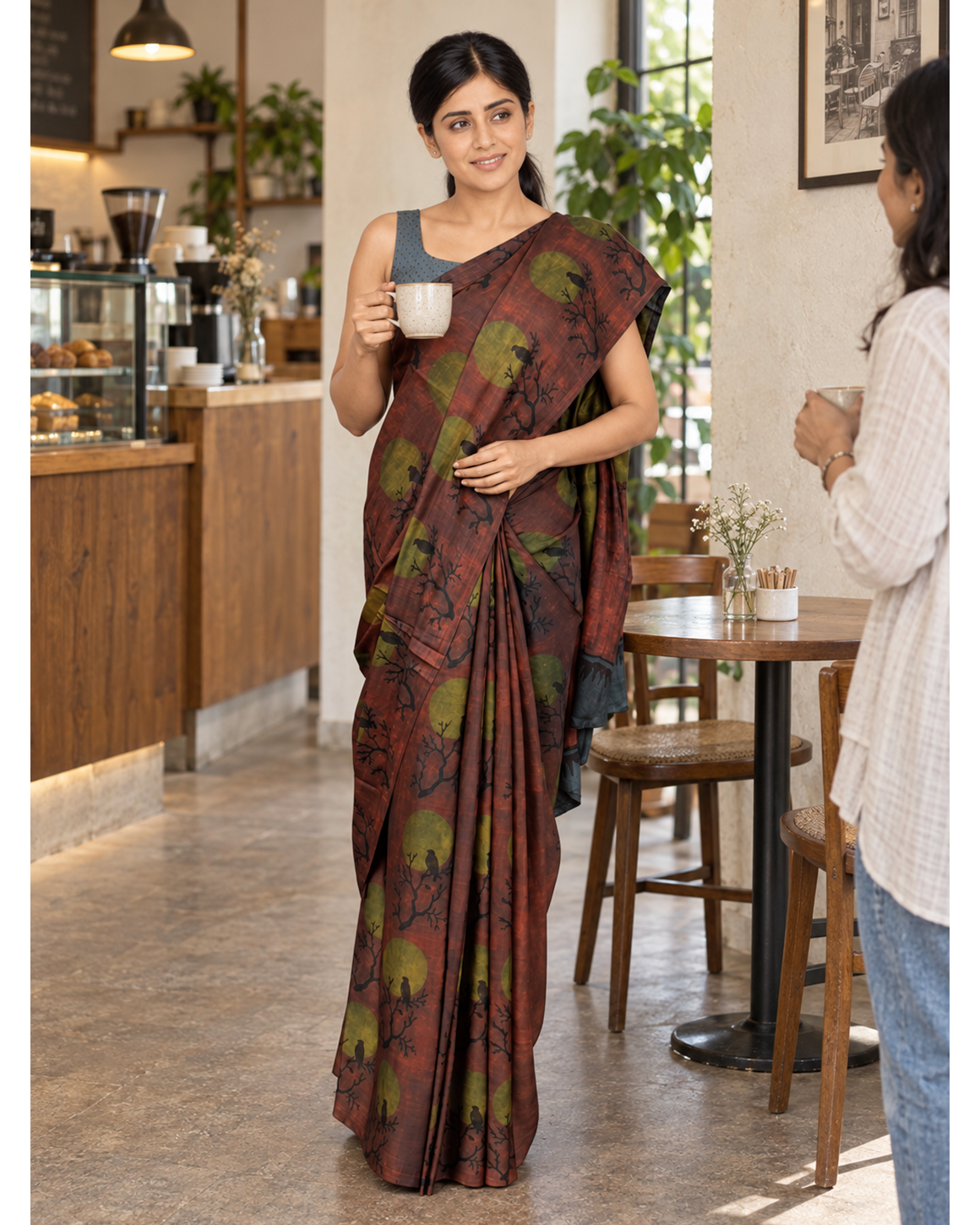 Vanraaga rust and olive bird-print saree worn at a cafe