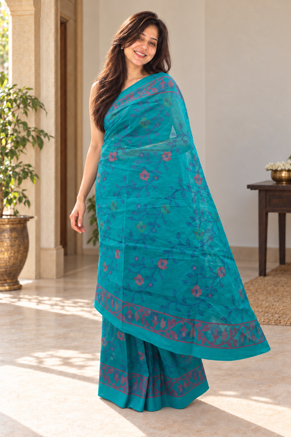 Open front drape of turquoise cotton saree with blue vines and pink and green flowers