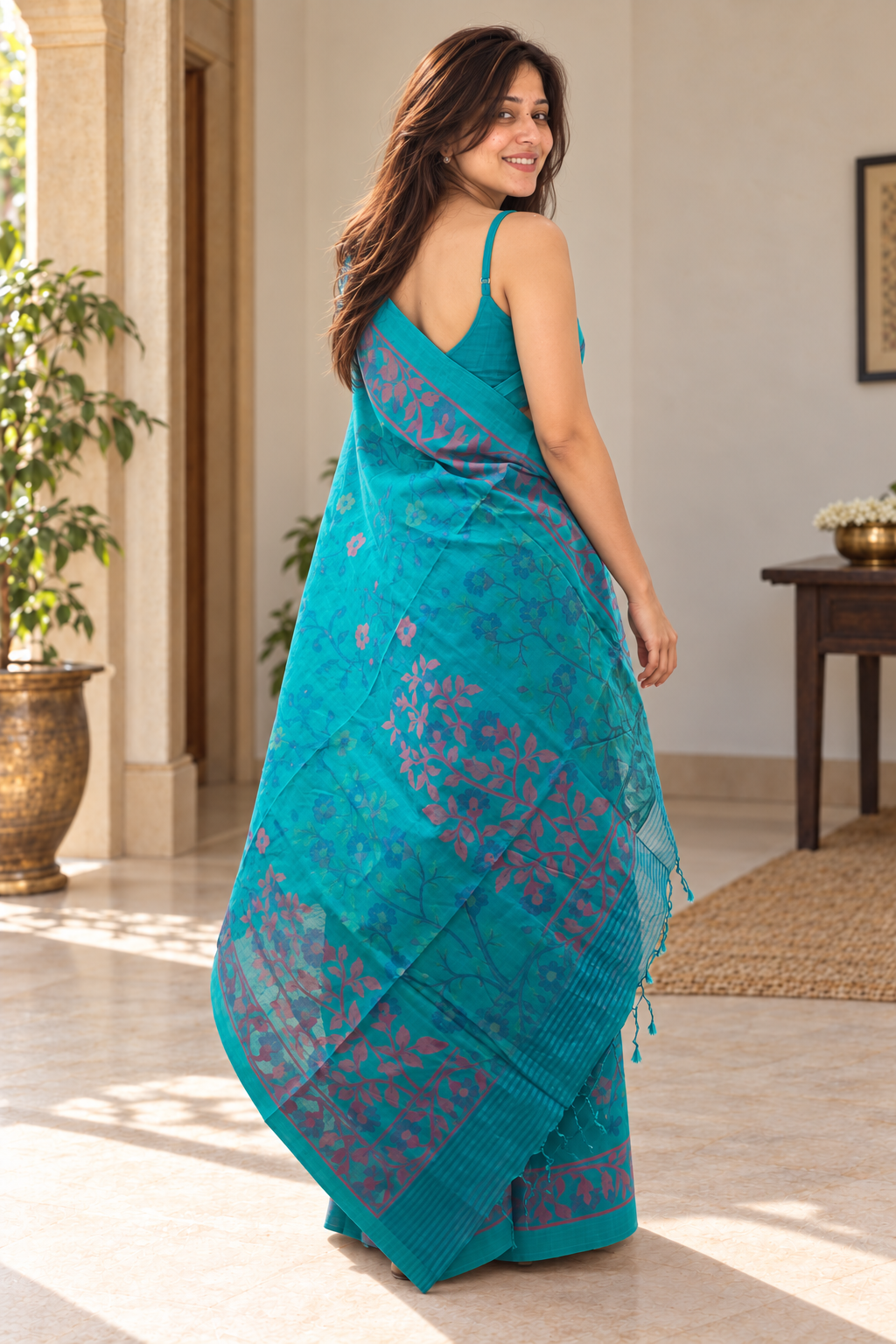 Rear view showing pink botanical pallu and turquoise tassels