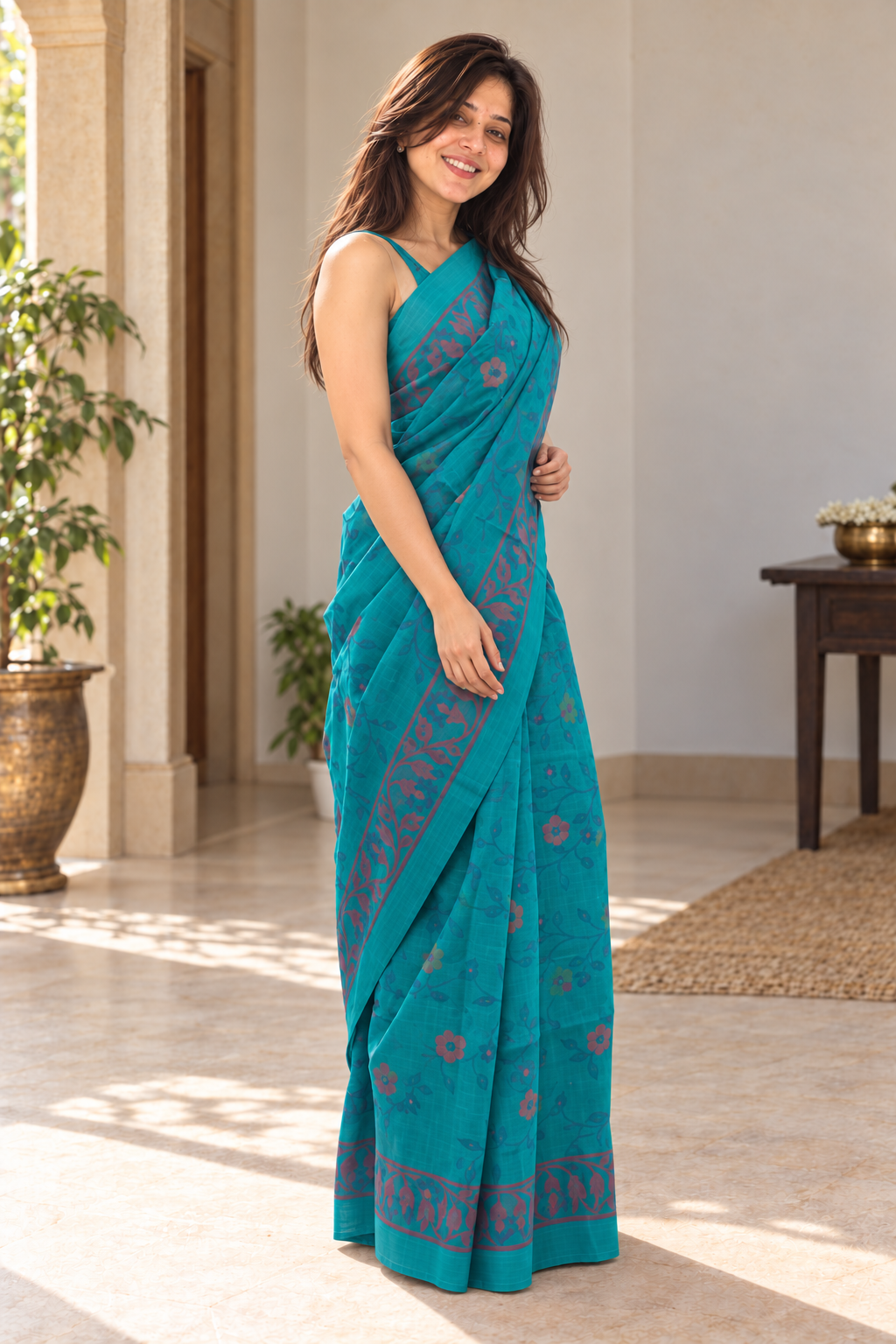 Side view of turquoise floral cotton saree