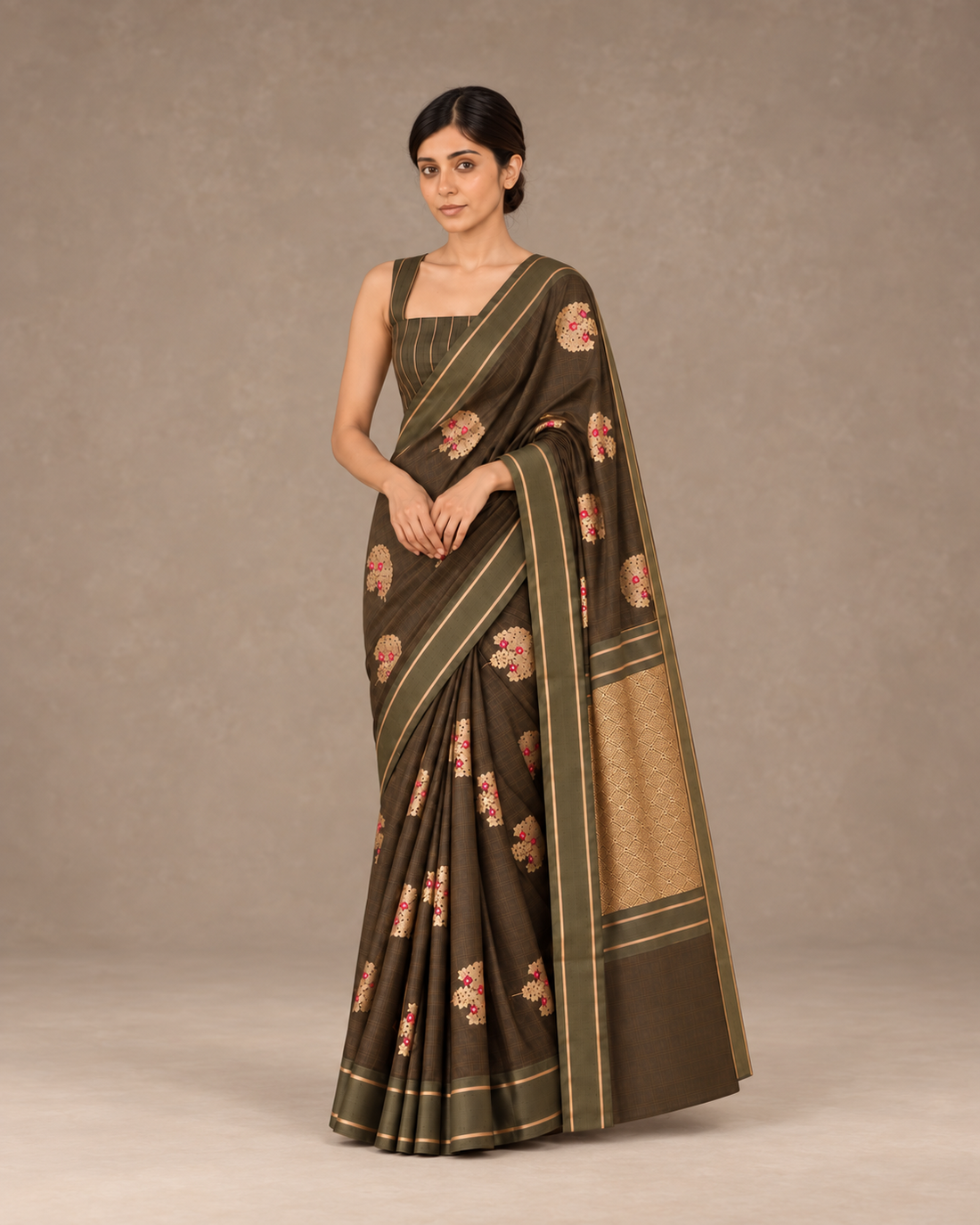 Zaitoon olive-brown pure Banarasi silk saree, full front drape