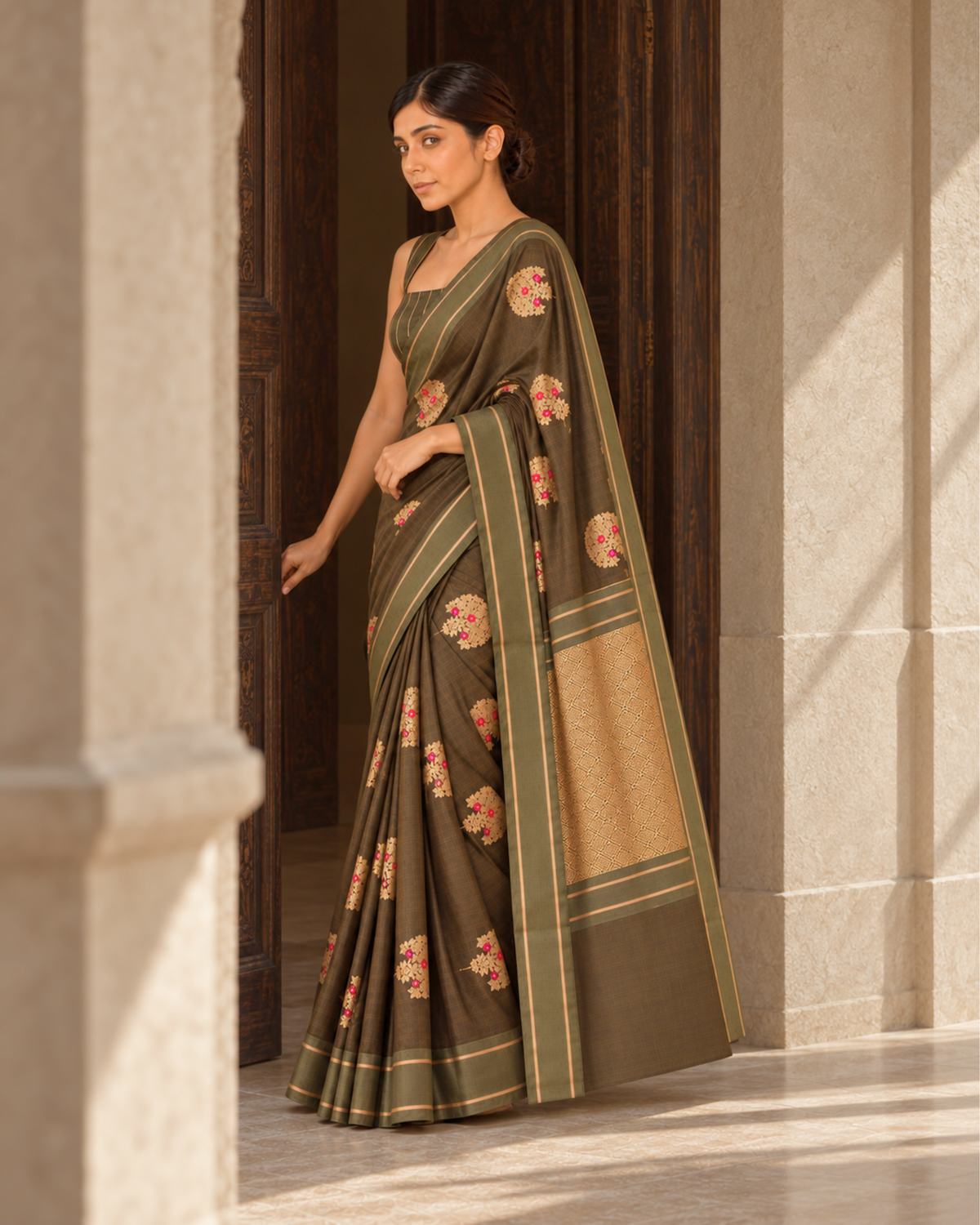 Zaitoon Banarasi silk saree with gold booti, standing drape