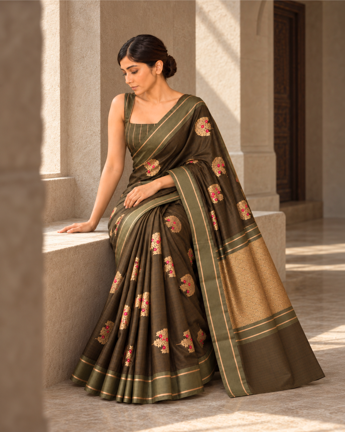 Zaitoon silk saree seated drape and gold pallu