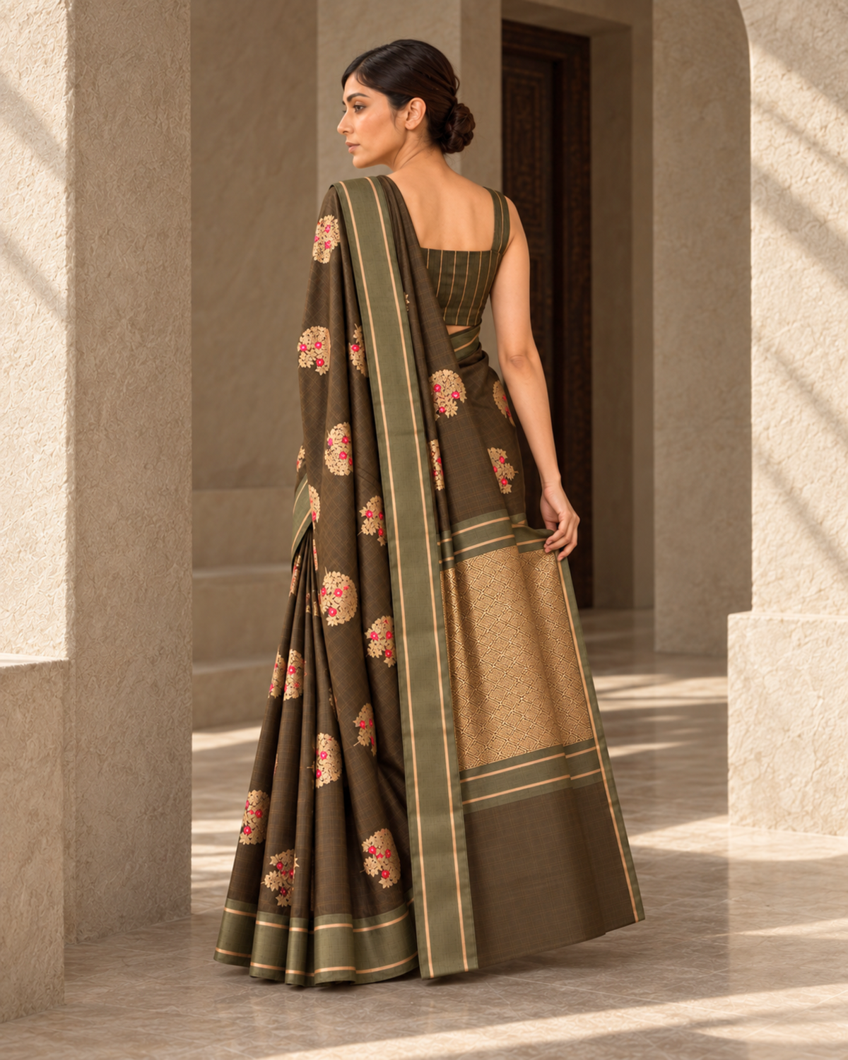 Zaitoon saree back view and striped blouse
